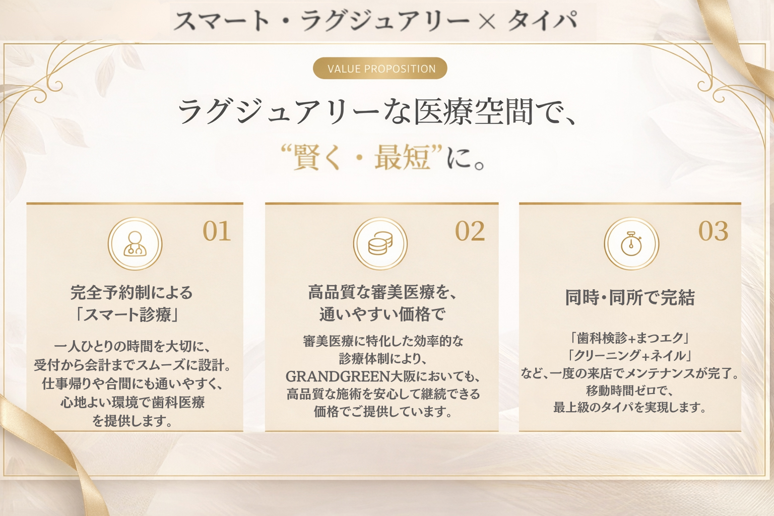 ラグジュアリーな医療空間で、美容を“賢く・最短”に。①医療クオリティの安心感②理由ある価値設定③同時・同所完結